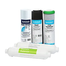 Set 5 cartușe filtrante Ecosoft Balance Intermediar, filtrare 5 stadii cu remineralizare, grad 1 micron, conectori rapizi pentru osmoză inversă, durată 6 luni