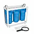 Sistem de filtrare cu 3 carcase Aquafilter Big Blue 10 inch, conexiune 1 inch alama, cadru metalic, manometre intrare-iesire, debit 35 l/min, filtrare mecanica in 3 stadii
