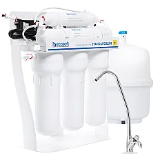 Sistem osmoza inversa Ecosoft Standard PRO 6MP, 6 stadii de filtrare, pompa booster inclusa, cartus de remineralizare, membrana 50 GPD, bazin BPA Free si cadru metalic