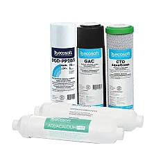 Set 5 cartușe filtrare Ecosoft Calcium, remineralizare Aquacalcium și postfiltrare, filtrare 1 micron, mufe rapide, durată 6 luni, pentru osmoză inversă