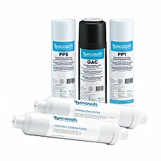 Set cartușe filtrare Ecosoft, 5 stadii prefiltrare, postfiltrare și mineralizare, compatibil osmoză inversă standard 10 inch, durată 6 luni, mufe rapide 1/4