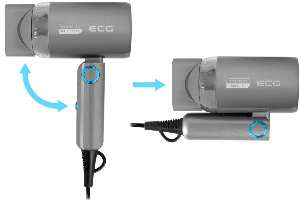 Uscator de par pentru voiaj ECG Grigio Piccolo, 1200 W, 2 viteze, 2 niveluri de temperatura, maner pliabil, gri