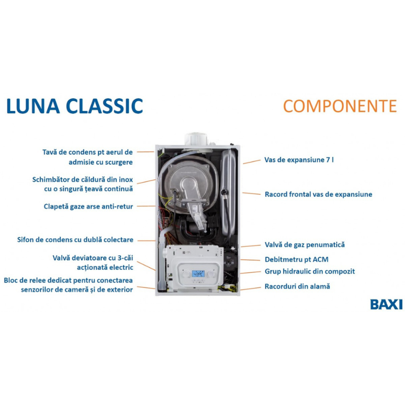 Centrala termica pe gaz in condensare Baxi Luna Classic 28 INT-B - 28 kw, incalzire + ACM, kit evacuare inclus. 3 ani garantie (A7796021)