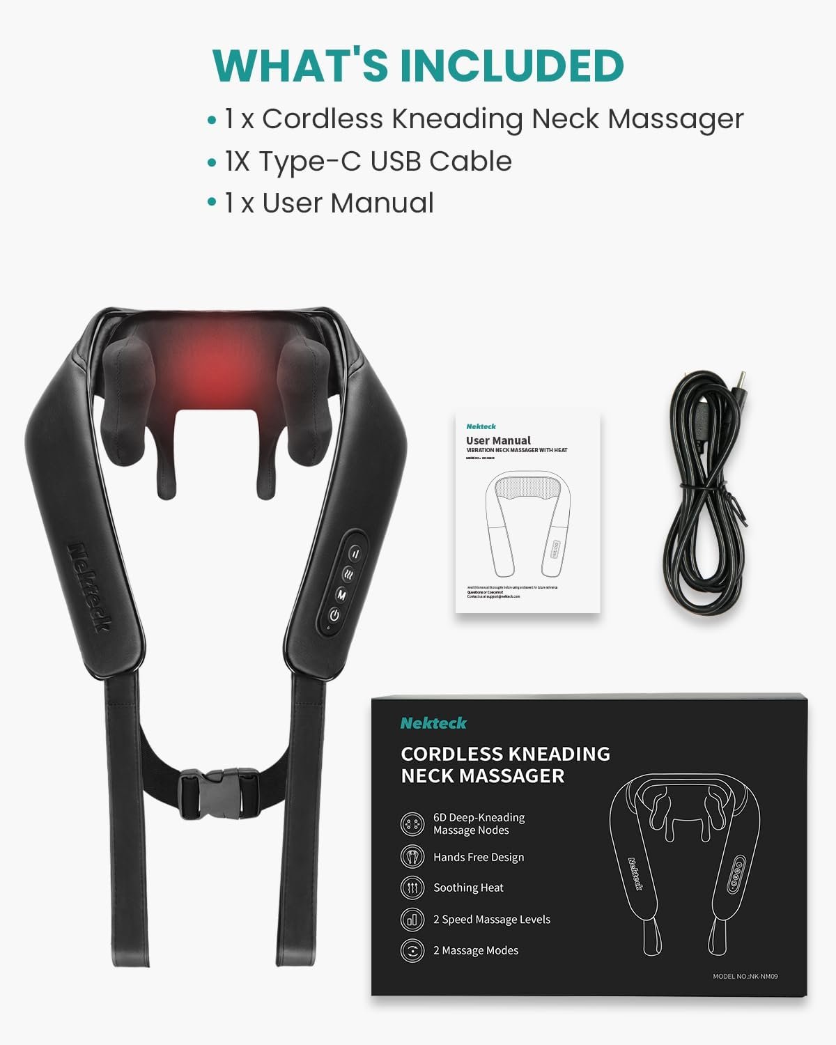 Aparat de masaj umeri, Nekteck A01-NM09, Acumulator 2600mAh, pentru spate, umeri, gat, picioare, masaj Shiatsu, incalzire (A01-NM09)