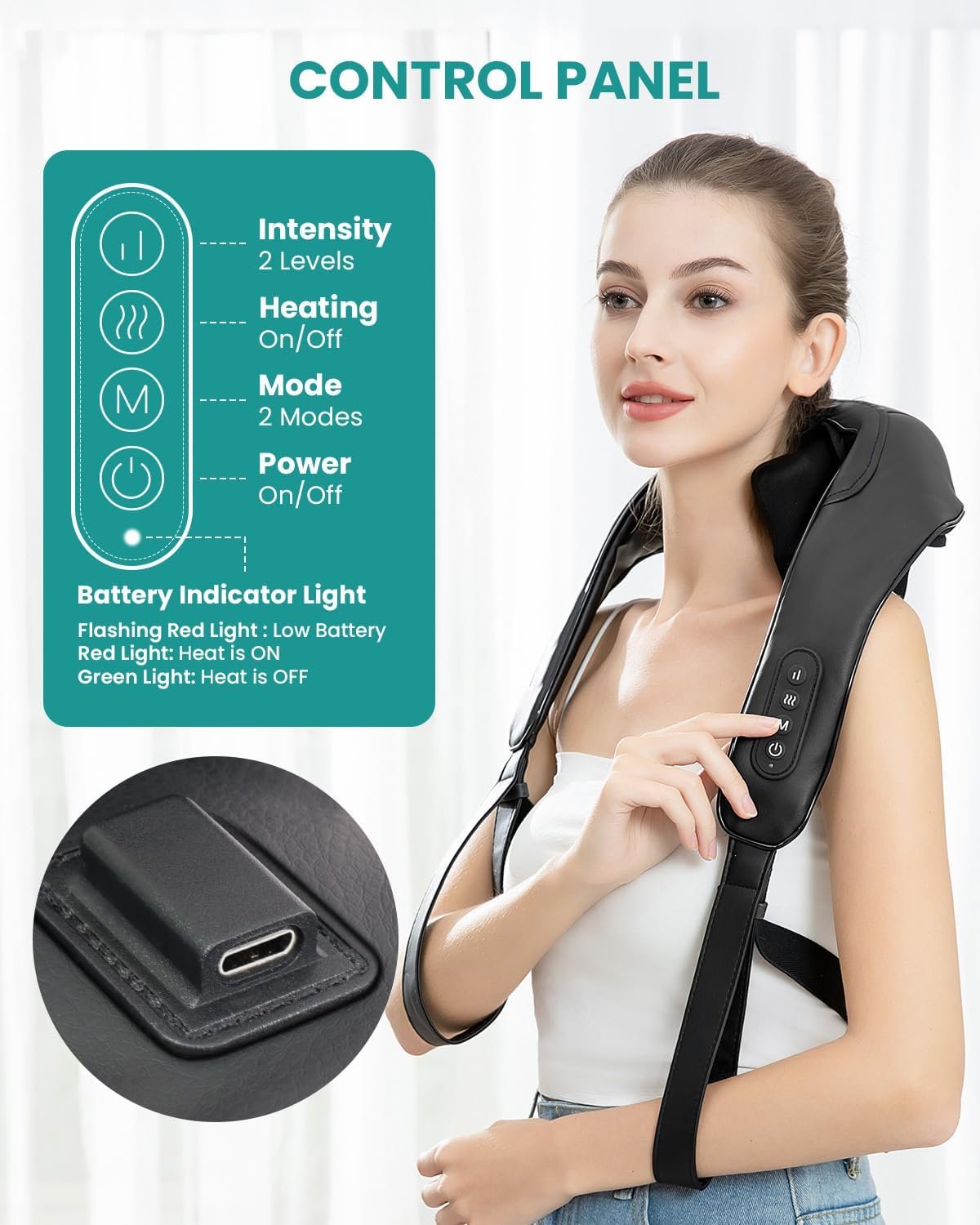 Aparat de masaj umeri, Nekteck A01-NM09, Acumulator 2600mAh, pentru spate, umeri, gat, picioare, masaj Shiatsu, incalzire (A01-NM09)