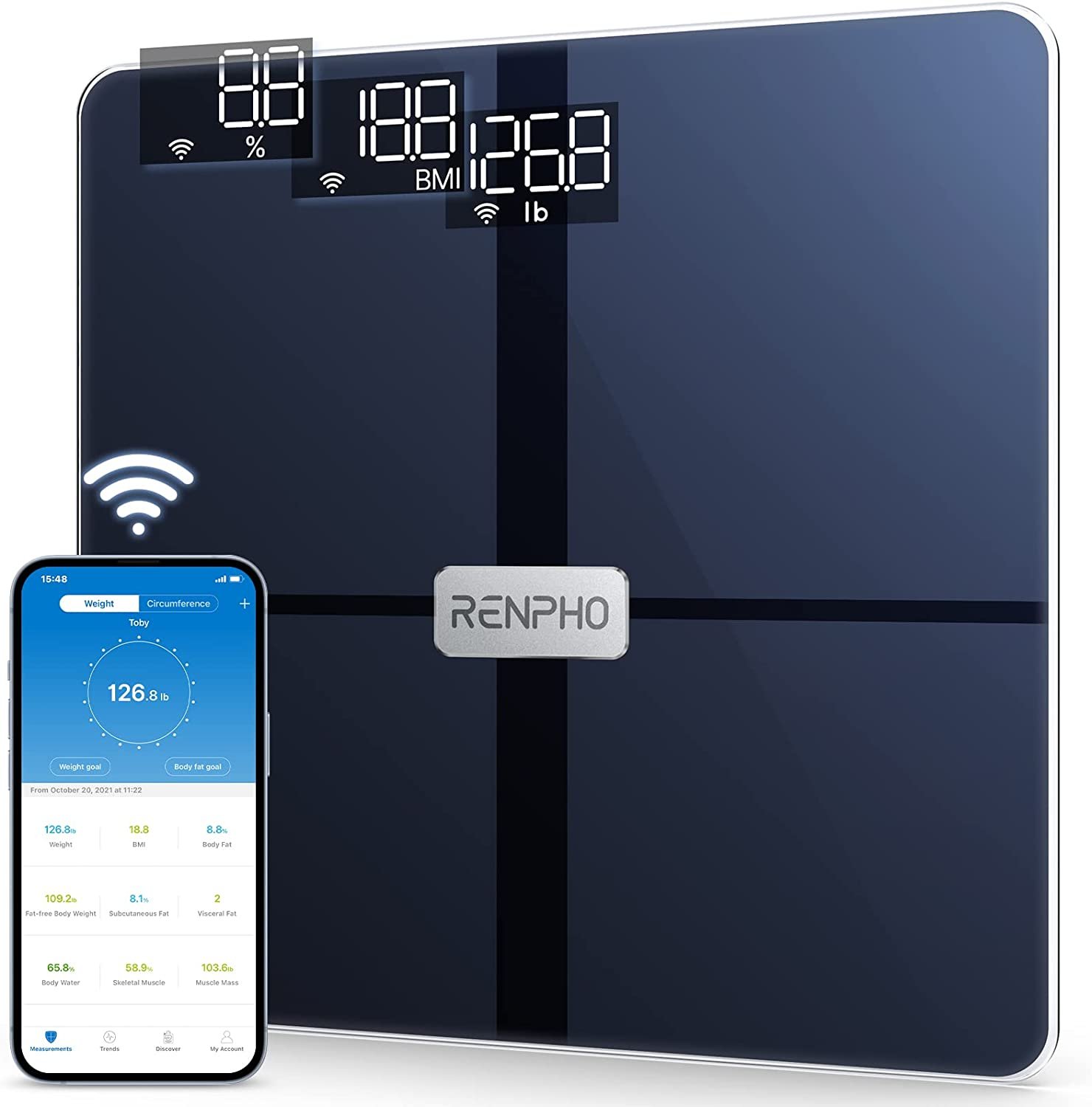 Cantar de baie Smart Renpho WBE28, Wifi, Bluetooth, Maxim 180Kg, 13 masuratori, BMI, Compatibil cu Samsung Health, Apple Health, Google Fit and Fitbit sync (PUK-ES-WBE28-BK)