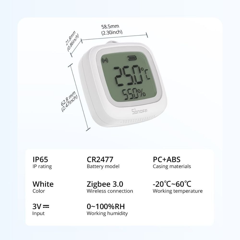 Senzor Temperatura si Umiditate SONOFF SNZB-02WD, Zigbee 3.0, IP65, cu Display LCD (SNZB-02WD)