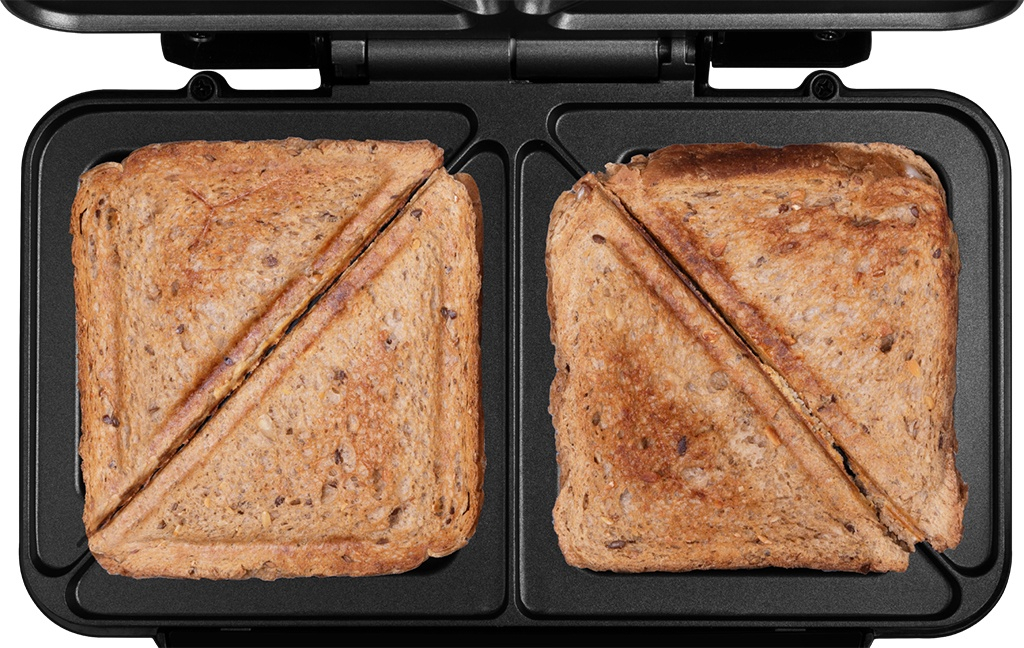 Sandwich maker ECG S 2120 Grande, 900 W, 4 sandvisuri triunghiulare, design din otel inoxidabil si plastic