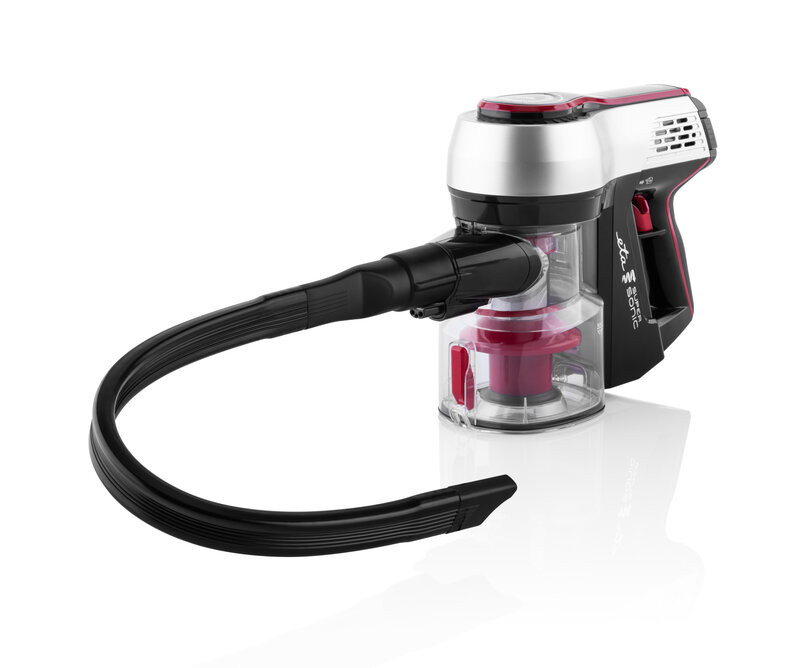 Aspirator vertical 2 in 1 fara fir ETA Elastic 2231, Li-ion 21.6 V, 0.45 l, tub flexibil, negru cu rosu