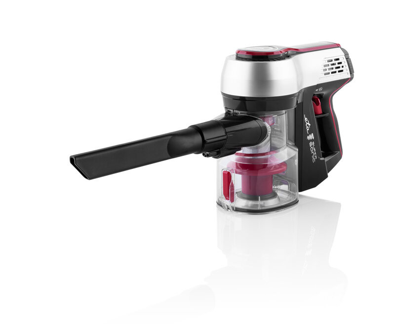 Aspirator vertical 2 in 1 fara fir ETA Elastic 2231, Li-ion 21.6 V, 0.45 l, tub flexibil, negru cu rosu