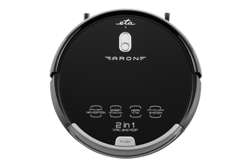Robot aspirator cu mop ETA Aron 2512 90000, Wi-Fi, baterie Li-Ion 14.4 V, 300 ml, autoincarcare, navigare giroscopica, negru