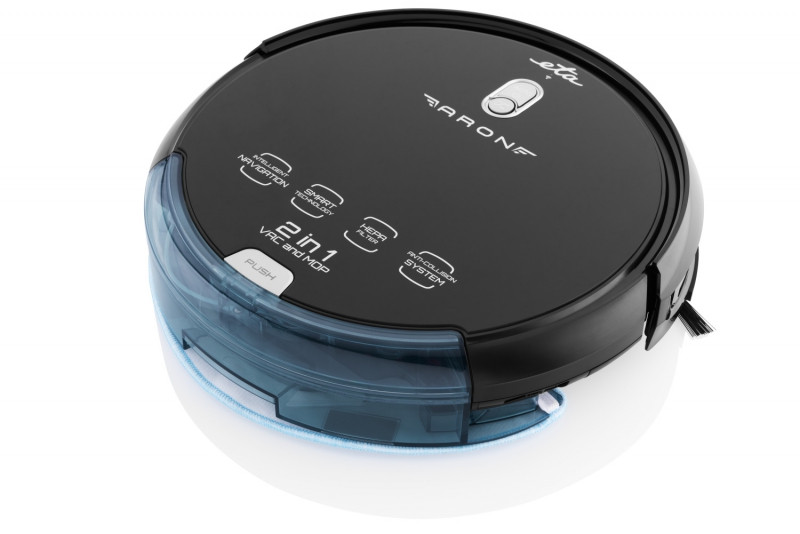 Robot aspirator cu mop ETA Aron 2512 90000, Wi-Fi, baterie Li-Ion 14.4 V, 300 ml, autoincarcare, navigare giroscopica, negru