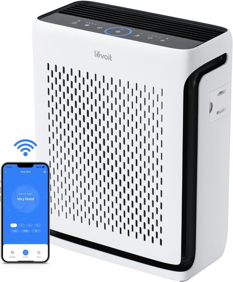 Purificator de aer Smart Levoit Vital 100S Wi-Fi, Filtru True HEPA, Carbon Activ, Acoperire până la 48 m², Nivel Zgomot 23 dB, Senzor Calitate Aer, Mod Noapte, Alb (Vital100S)