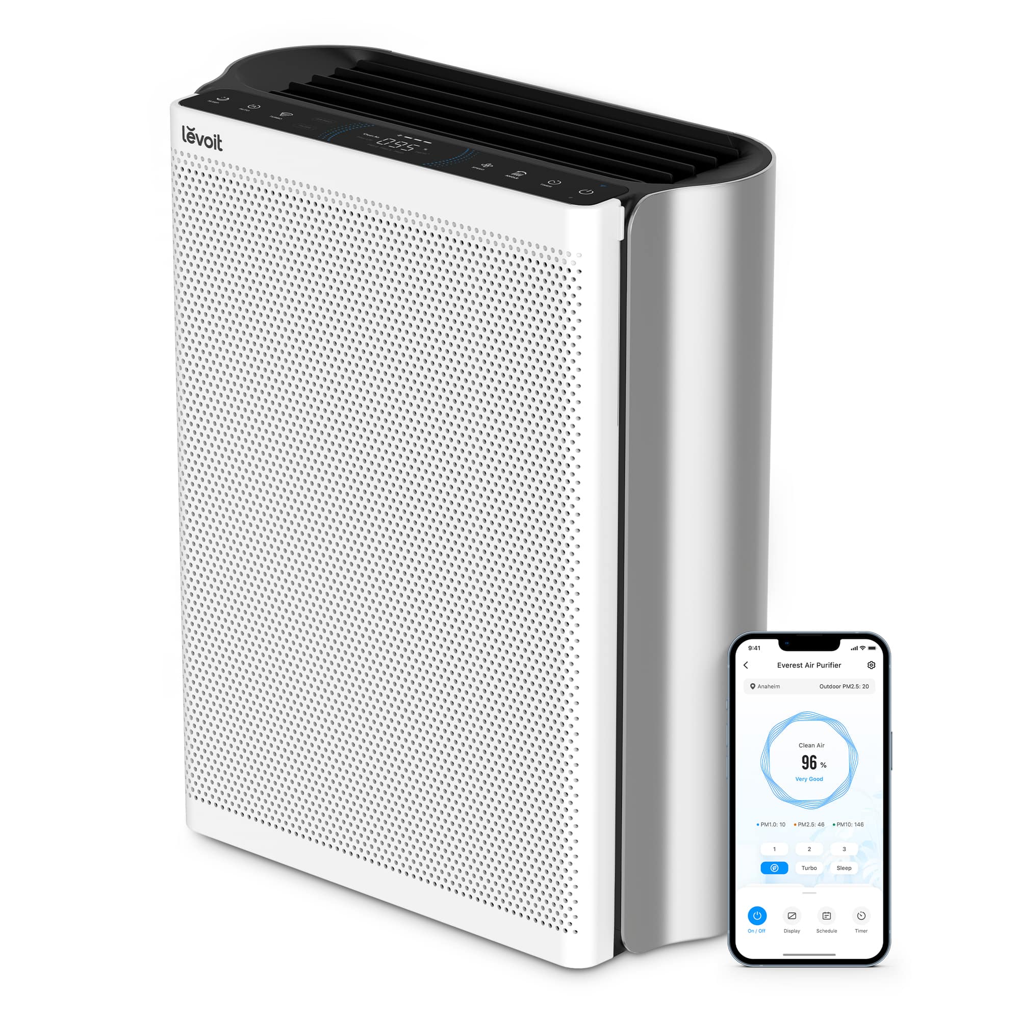 Purificator de aer Smart Levoit EverestAir Wi-Fi, Filtru True HEPA, Carbon Activ, Acoperire până la 100 m², Flux de Aer Multidirecțional, Mod Auto, Compatibil Alexa & Google Home, Touch Screen, Gri (Everest)