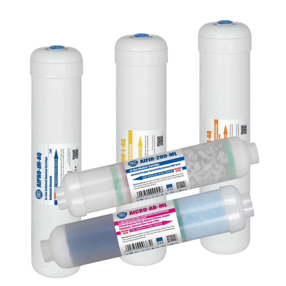 Set 5 cartuse filtrare inline Aquafilter, microfiltrare 1 micron in 5 stadii, carcasa alba, dimensiune 12