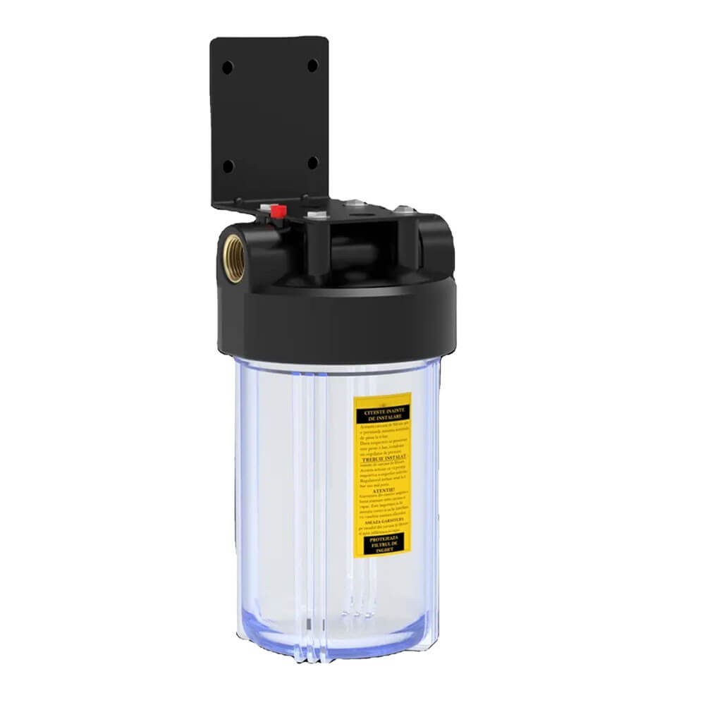 Carcasa filtru Big Blue FILTRO BIG-CLEAR-10, transparenta 4.5x10 inch, conexiune 1 inch, cu supapa presiune, cheie de strangere si suport metalic pentru apa rece