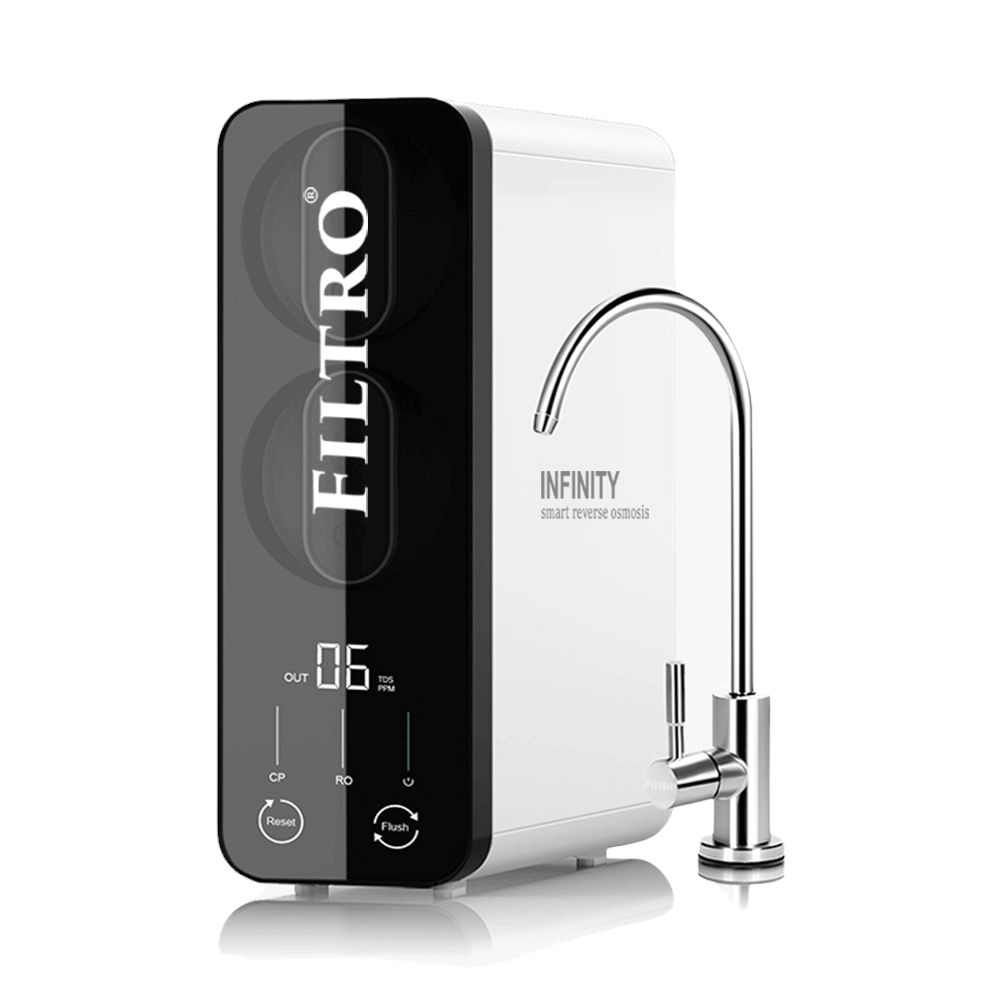 Sistem de osmoză inversă FILTRO INFINITY DF600, debit direct 600 GPD fără bazin, 6 stadii de filtrare, pompă booster inclusă și display cu monitorizare TDS