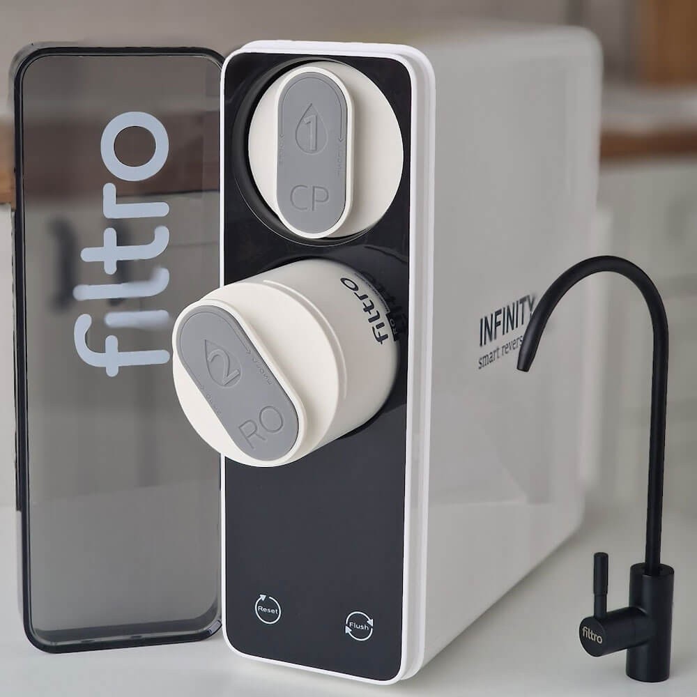 Sistem de osmoză inversă FILTRO INFINITY DF600, debit direct 600 GPD fără bazin, 6 stadii de filtrare, pompă booster inclusă și display cu monitorizare TDS