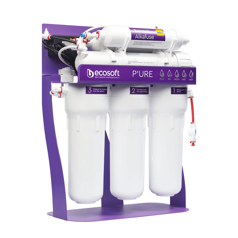 Sistem de osmoza inversa Ecosoft Alkafuse PRO, 6 stadii de filtrare, pompa booster inclusa, remineralizare cu calciu si magneziu, crestere pH 7-10, membrana 75 GPD, cadru metalic
