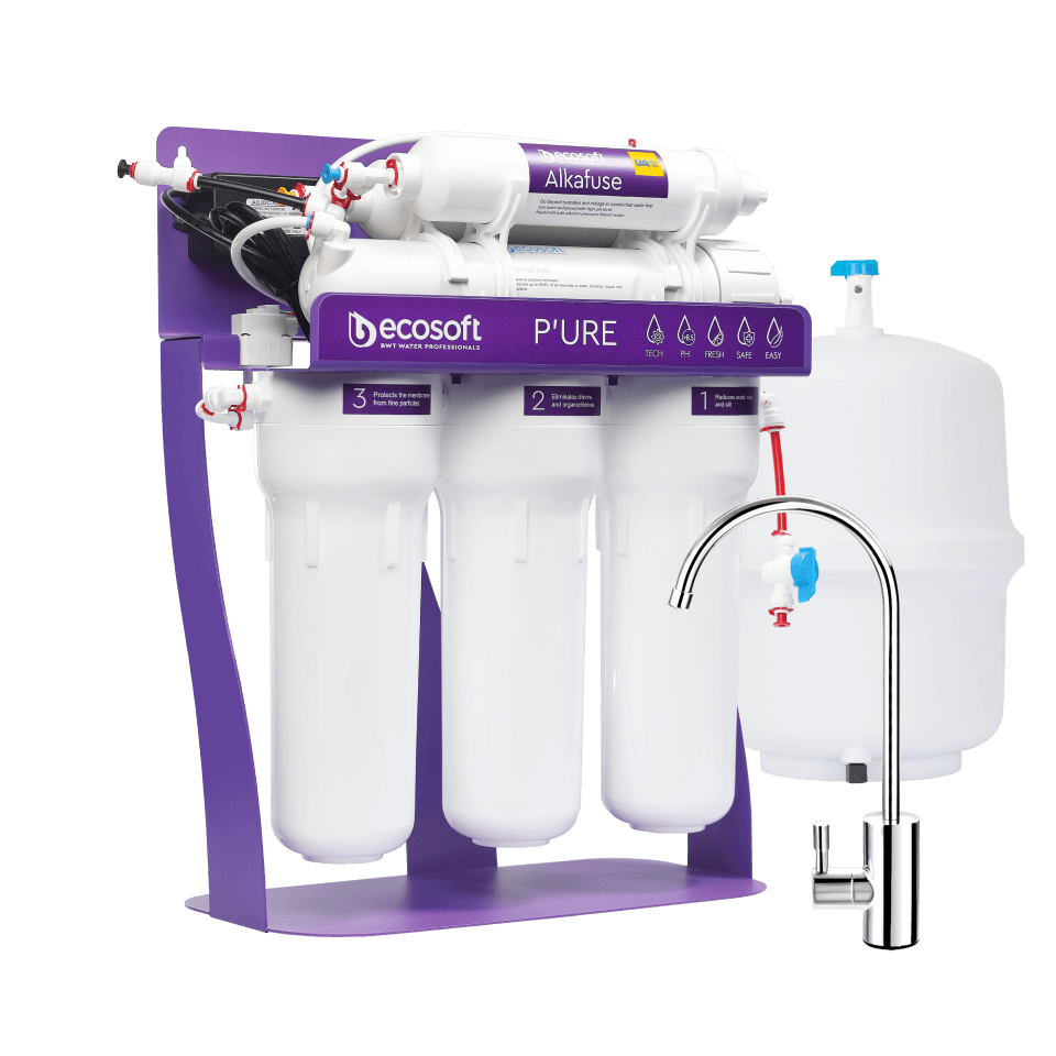 Sistem de osmoza inversa Ecosoft Alkafuse PRO, 6 stadii de filtrare, pompa booster inclusa, remineralizare cu calciu si magneziu, crestere pH 7-10, membrana 75 GPD, cadru metalic
