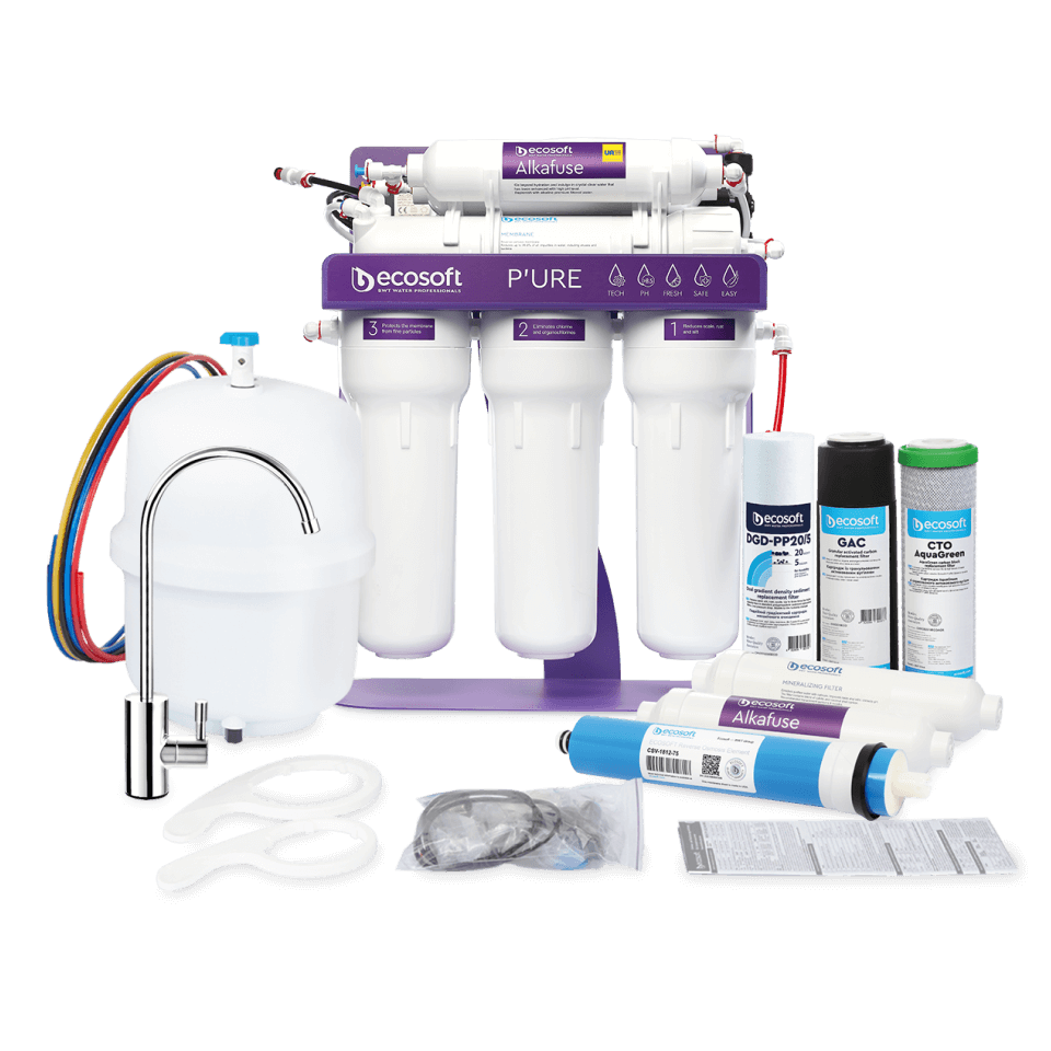 Sistem de osmoza inversa Ecosoft Alkafuse PRO, 6 stadii de filtrare, pompa booster inclusa, remineralizare cu calciu si magneziu, crestere pH 7-10, membrana 75 GPD, cadru metalic