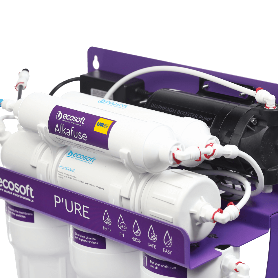 Sistem de osmoza inversa Ecosoft Alkafuse PRO, 6 stadii de filtrare, pompa booster inclusa, remineralizare cu calciu si magneziu, crestere pH 7-10, membrana 75 GPD, cadru metalic