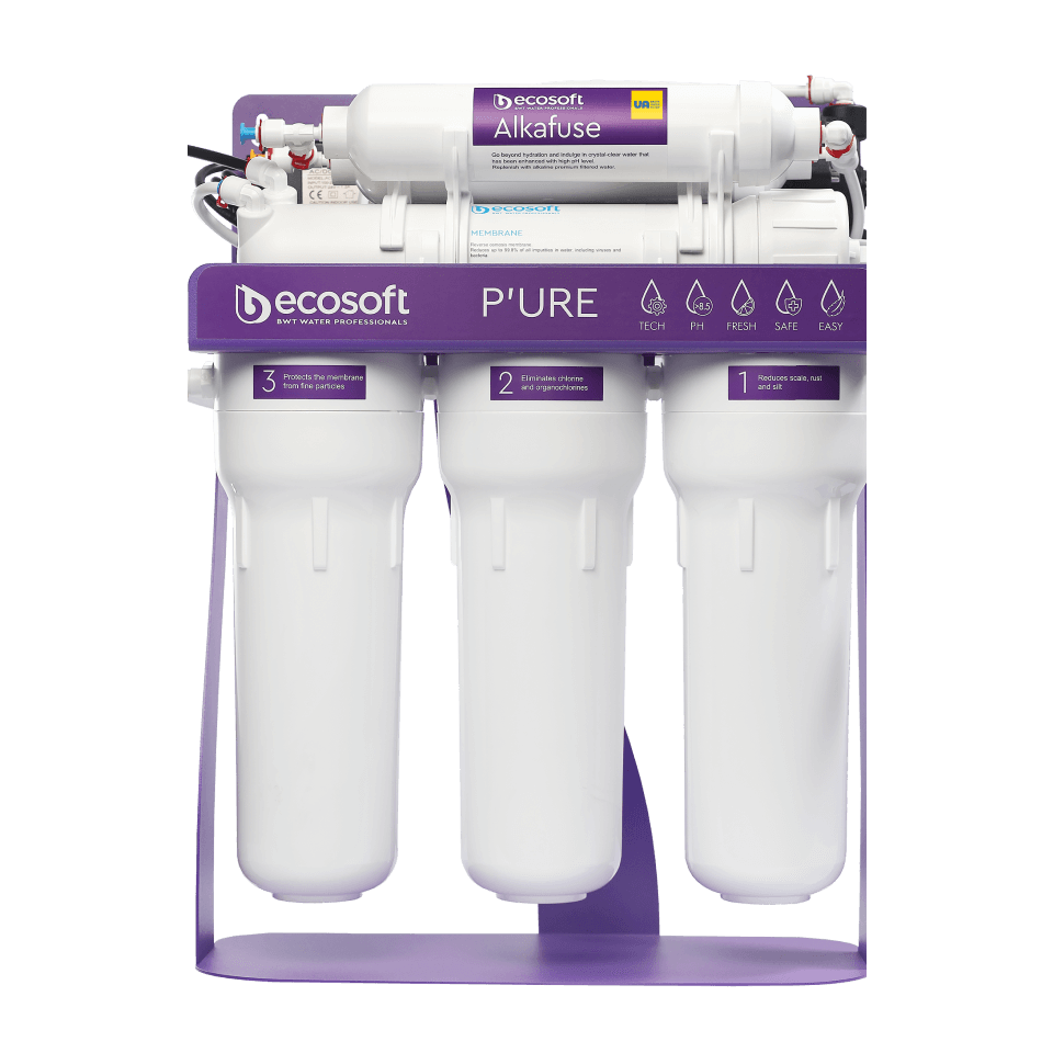 Sistem de osmoza inversa Ecosoft Alkafuse PRO, 6 stadii de filtrare, pompa booster inclusa, remineralizare cu calciu si magneziu, crestere pH 7-10, membrana 75 GPD, cadru metalic