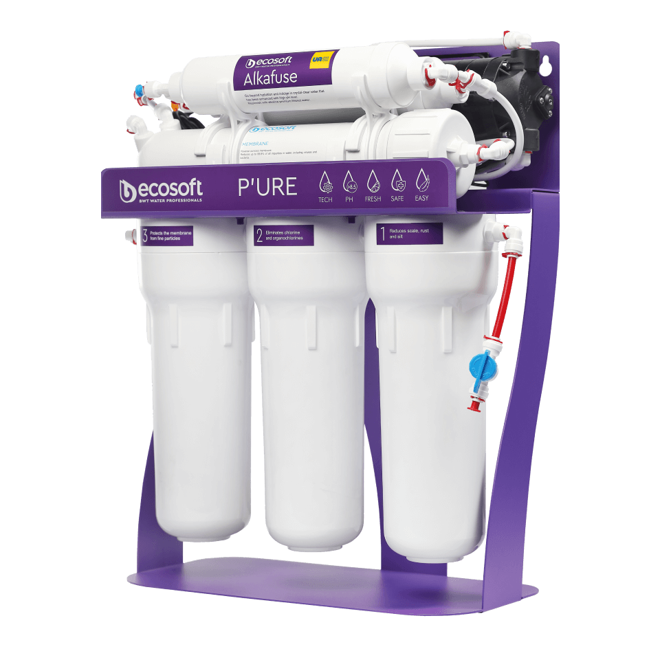 Sistem de osmoza inversa Ecosoft Alkafuse PRO, 6 stadii de filtrare, pompa booster inclusa, remineralizare cu calciu si magneziu, crestere pH 7-10, membrana 75 GPD, cadru metalic