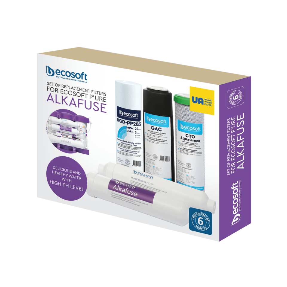 Set 5 cartușe filtrante Ecosoft Alkafuse pentru osmoză inversă, microfiltrare 1 micron, remineralizare și creștere pH, mufă rapidă, standard 10 inch, durată 6 luni