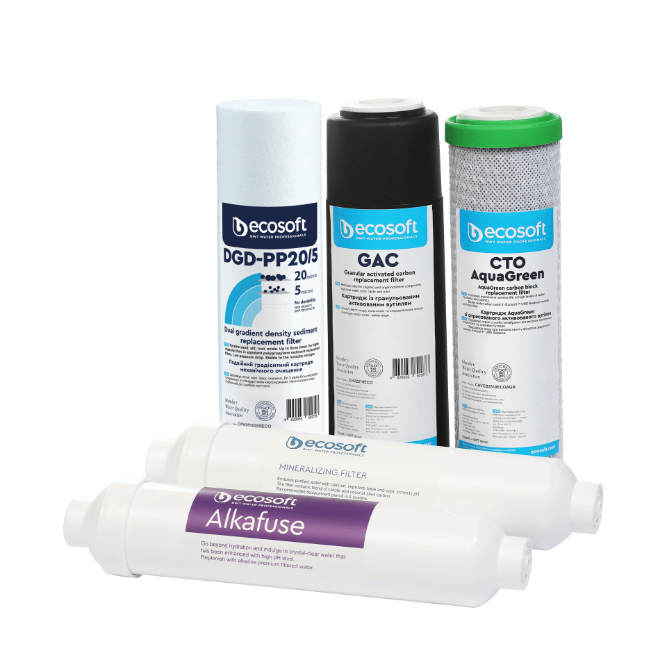 Set 5 cartușe filtrante Ecosoft Alkafuse pentru osmoză inversă, microfiltrare 1 micron, remineralizare și creștere pH, mufă rapidă, standard 10 inch, durată 6 luni