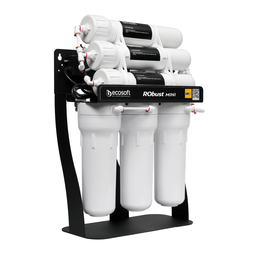Sistem osmoza inversa profesionala Ecosoft Robust Mini, 6 stadii filtrare, debit direct 2.1 litri/min, pompa booster inclusa, capacitate 300 GPD