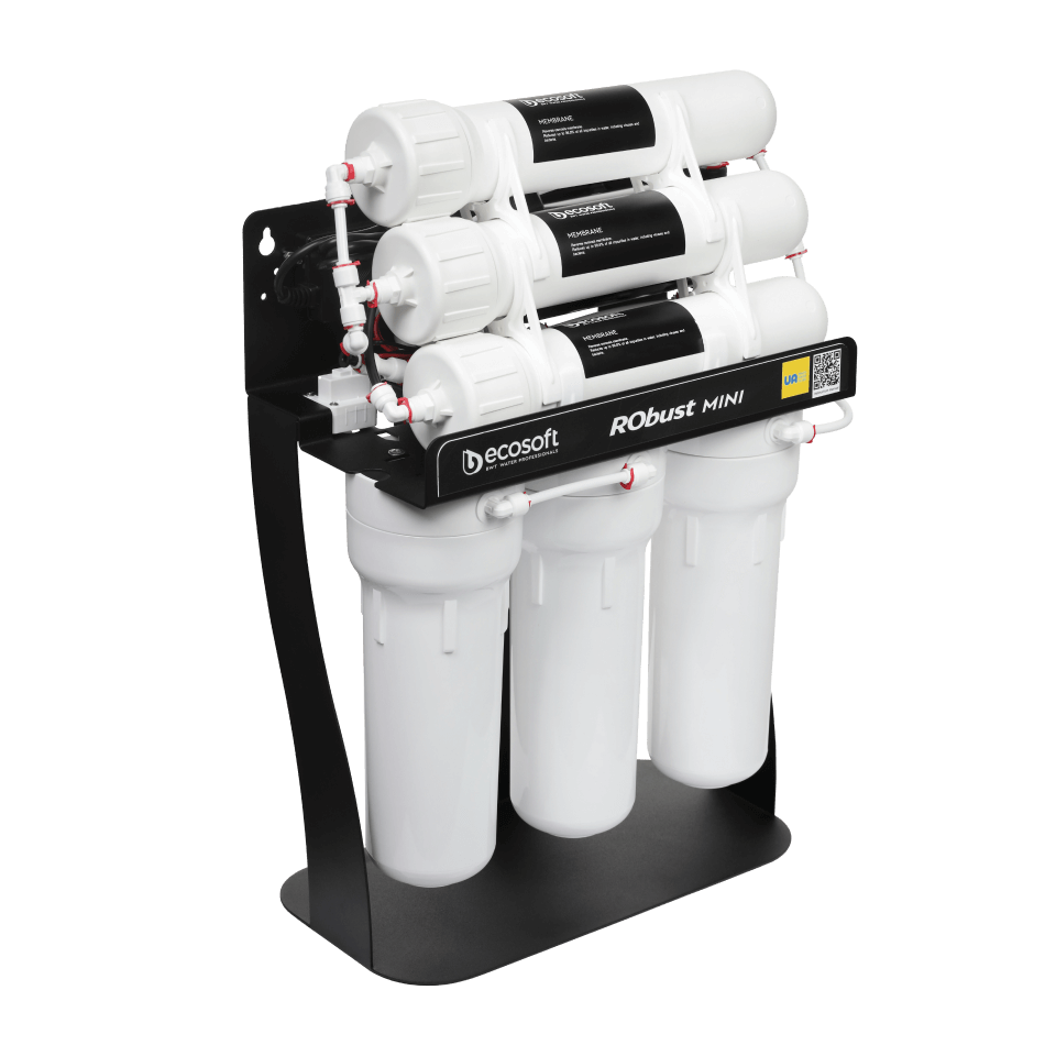 Sistem osmoza inversa profesionala Ecosoft Robust Mini, 6 stadii filtrare, debit direct 2.1 litri/min, pompa booster inclusa, capacitate 300 GPD
