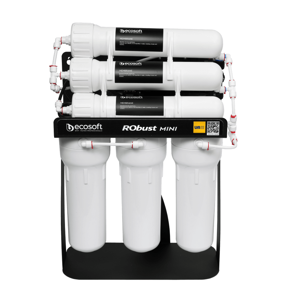 Sistem osmoza inversa profesionala Ecosoft Robust Mini, 6 stadii filtrare, debit direct 2.1 litri/min, pompa booster inclusa, capacitate 300 GPD