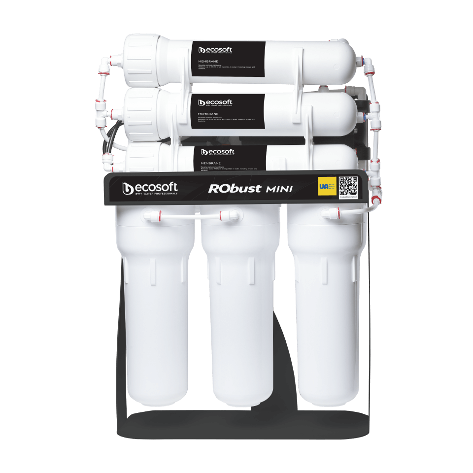 Sistem osmoza inversa profesionala Ecosoft Robust Mini, 6 stadii filtrare, debit direct 2.1 litri/min, pompa booster inclusa, capacitate 300 GPD