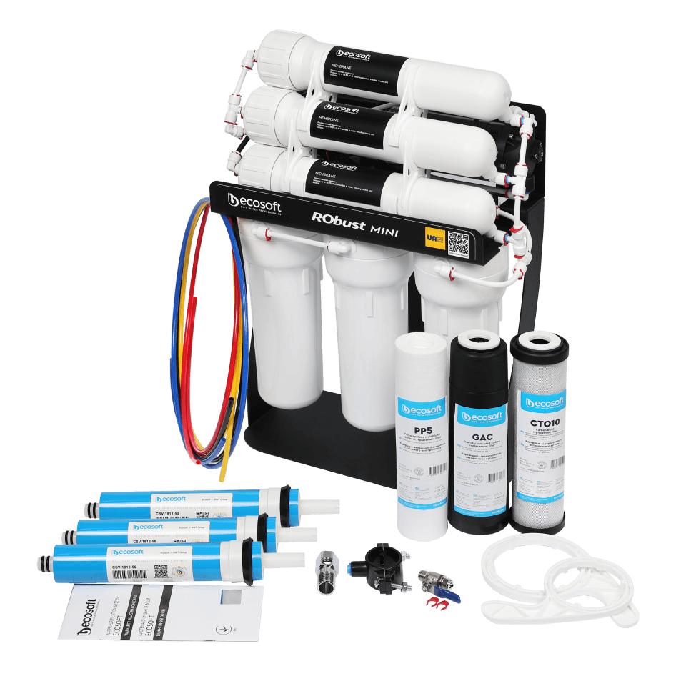 Sistem osmoza inversa profesionala Ecosoft Robust Mini, 6 stadii filtrare, debit direct 2.1 litri/min, pompa booster inclusa, capacitate 300 GPD
