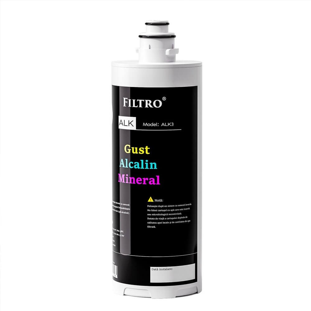Postfiltru de mineralizare FILTRO ALK3, remineralizare naturala si carbune bloc, grad filtrare 5 microni, conexiune rapida 1/4