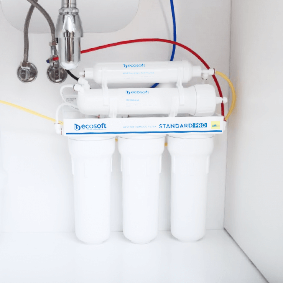 Sistem de osmoză inversă Ecosoft Standard, 5 stadii de filtrare, membrană 50 GPD, bazin de stocare 12 litri inclus, funcționare fără electricitate