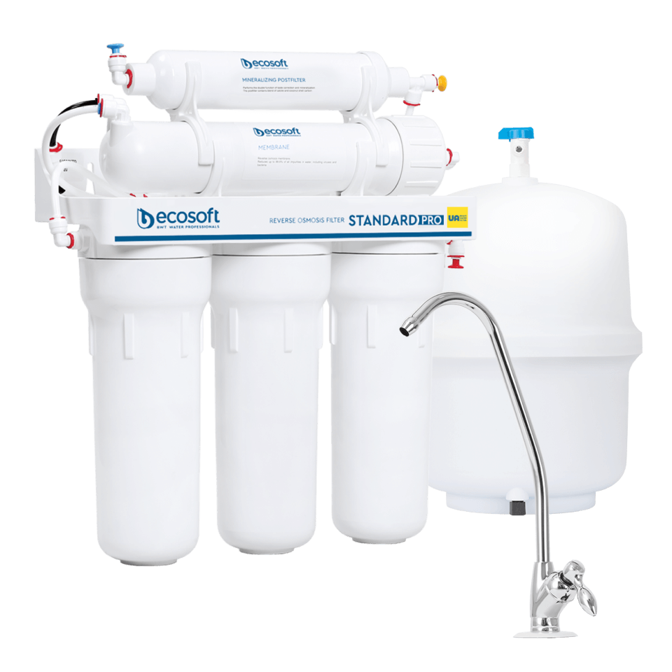 Sistem de osmoză inversă Ecosoft Standard, 5 stadii de filtrare, membrană 50 GPD, bazin de stocare 12 litri inclus, funcționare fără electricitate