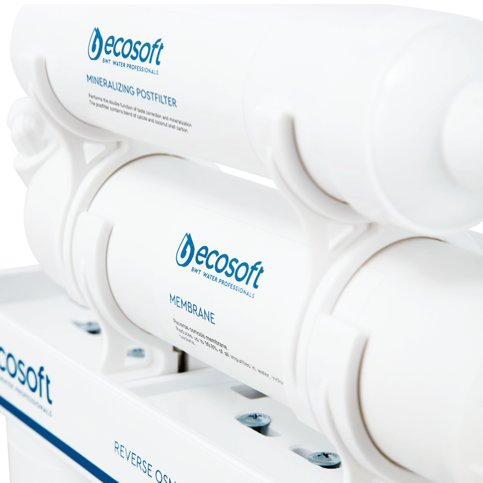 Sistem de osmoză inversă Ecosoft Standard, 5 stadii de filtrare, membrană 50 GPD, bazin de stocare 12 litri inclus, funcționare fără electricitate