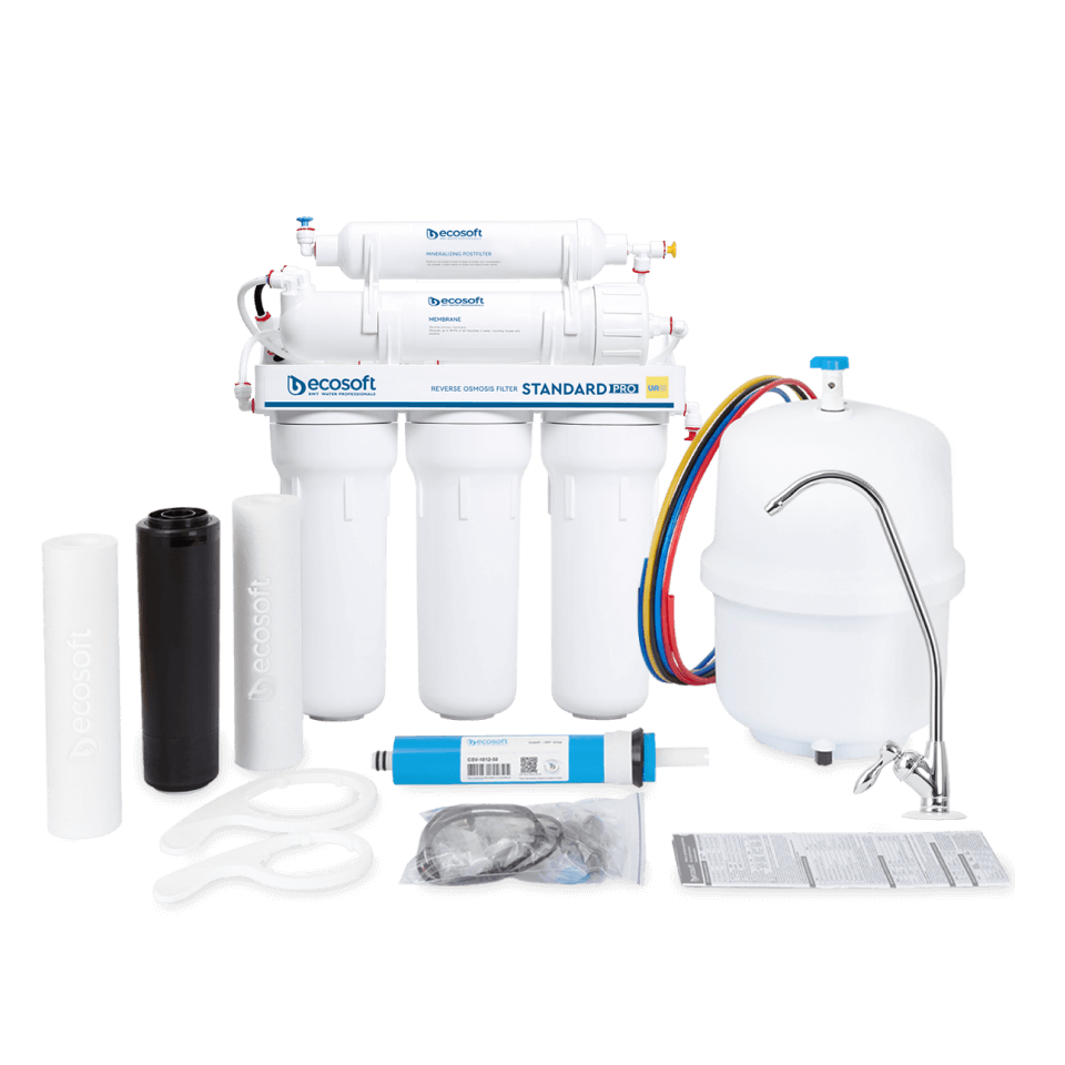 Sistem de osmoză inversă Ecosoft Standard, 5 stadii de filtrare, membrană 50 GPD, bazin de stocare 12 litri inclus, funcționare fără electricitate