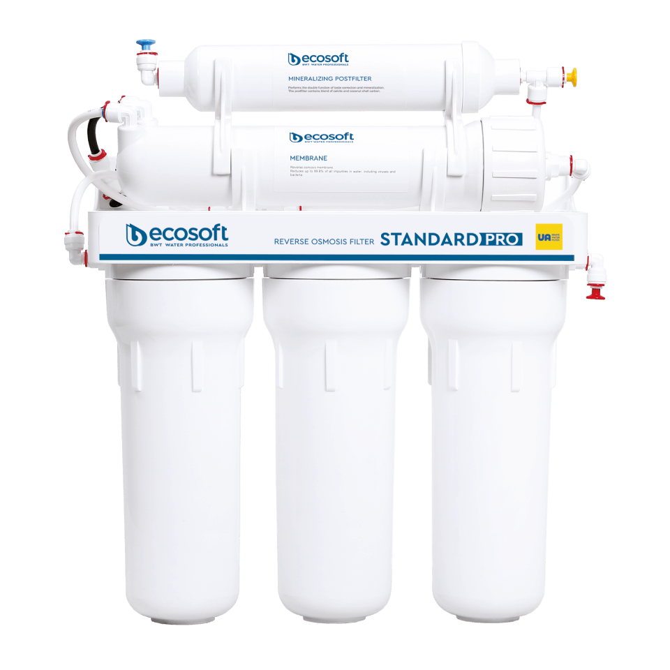 Sistem de osmoză inversă Ecosoft Standard, 5 stadii de filtrare, membrană 50 GPD, bazin de stocare 12 litri inclus, funcționare fără electricitate