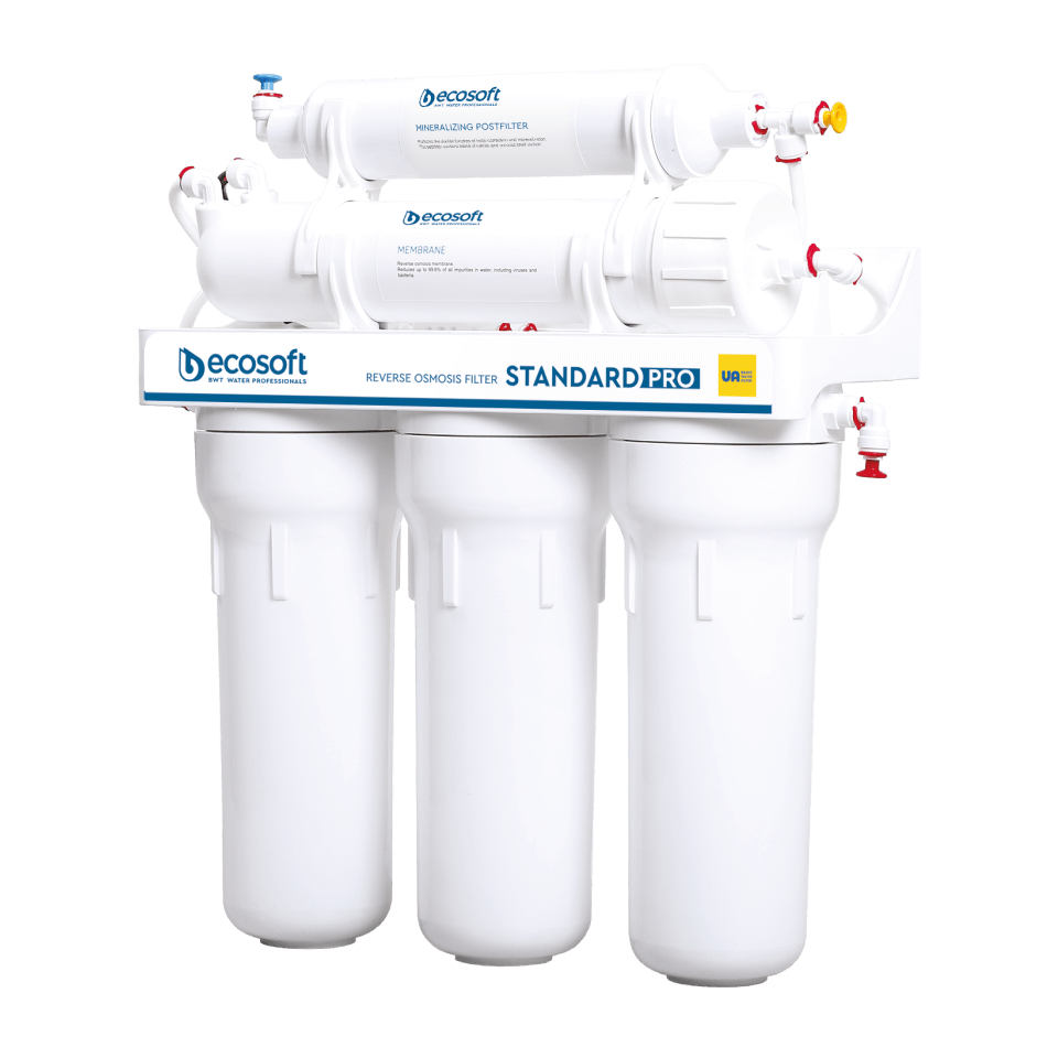 Sistem de osmoză inversă Ecosoft Standard, 5 stadii de filtrare, membrană 50 GPD, bazin de stocare 12 litri inclus, funcționare fără electricitate