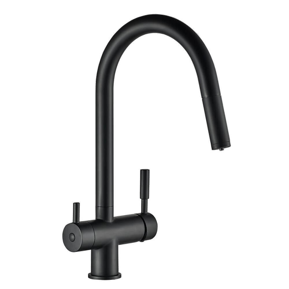 Baterie bucatarie cu 3 cai Premier Extend Black, finisaj negru mat, duș extractibil, pipa pivotanta 180°, cartuș ceramic, flux separat apa filtrata si menajera