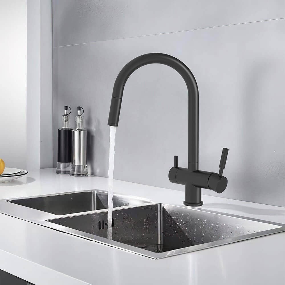 Baterie bucatarie cu 3 cai Premier Extend Black, finisaj negru mat, duș extractibil, pipa pivotanta 180°, cartuș ceramic, flux separat apa filtrata si menajera