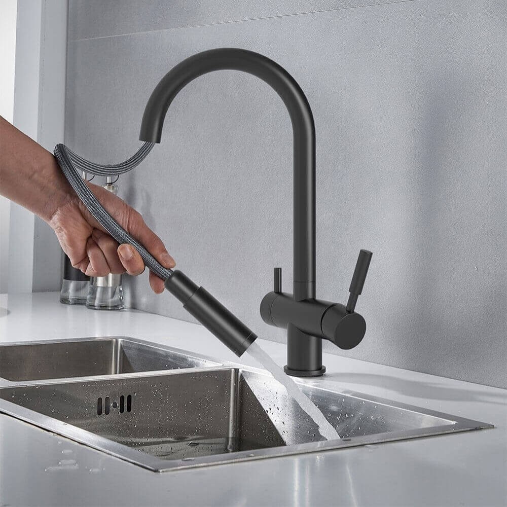 Baterie bucatarie cu 3 cai Premier Extend Black, finisaj negru mat, duș extractibil, pipa pivotanta 180°, cartuș ceramic, flux separat apa filtrata si menajera