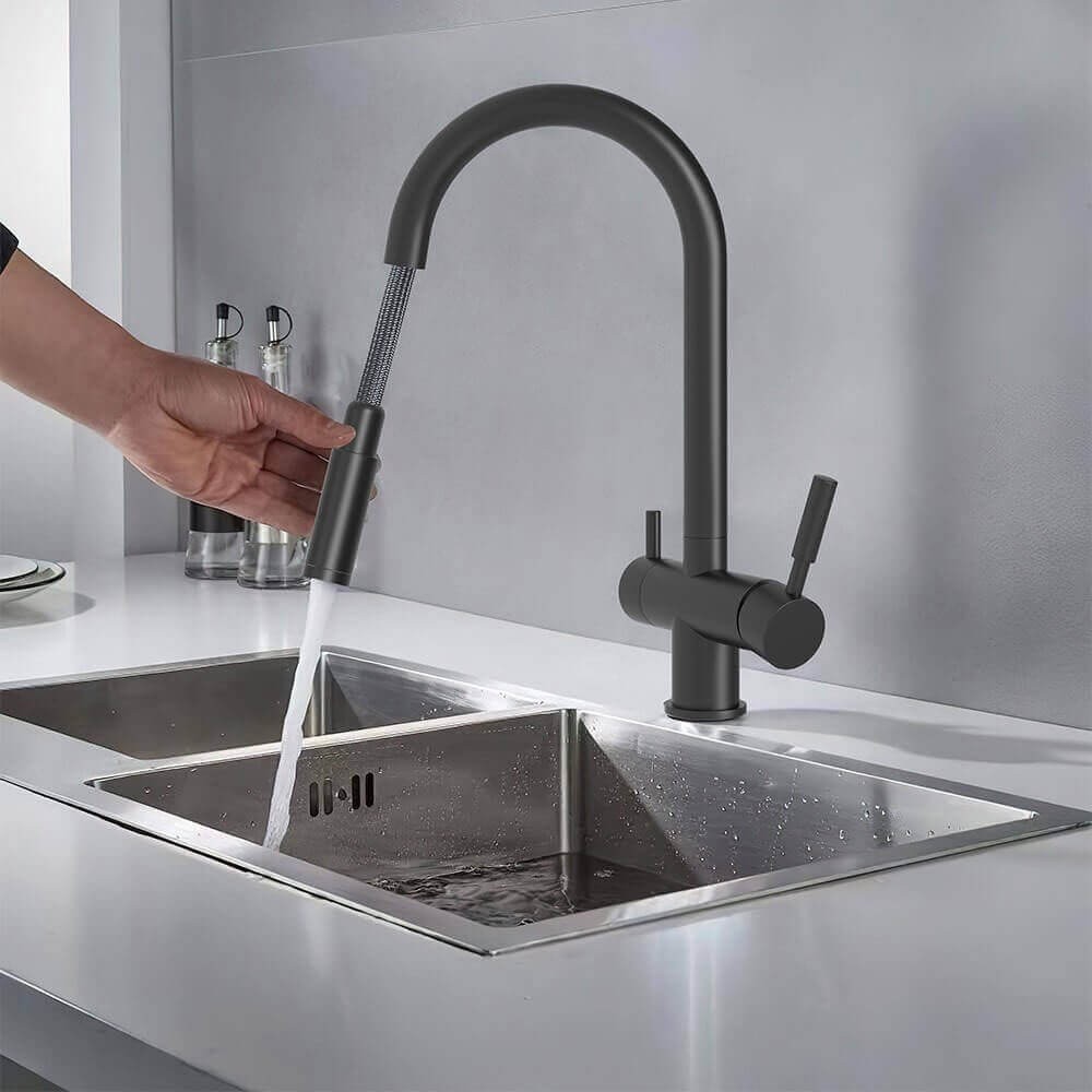 Baterie bucatarie cu 3 cai Premier Extend Black, finisaj negru mat, duș extractibil, pipa pivotanta 180°, cartuș ceramic, flux separat apa filtrata si menajera