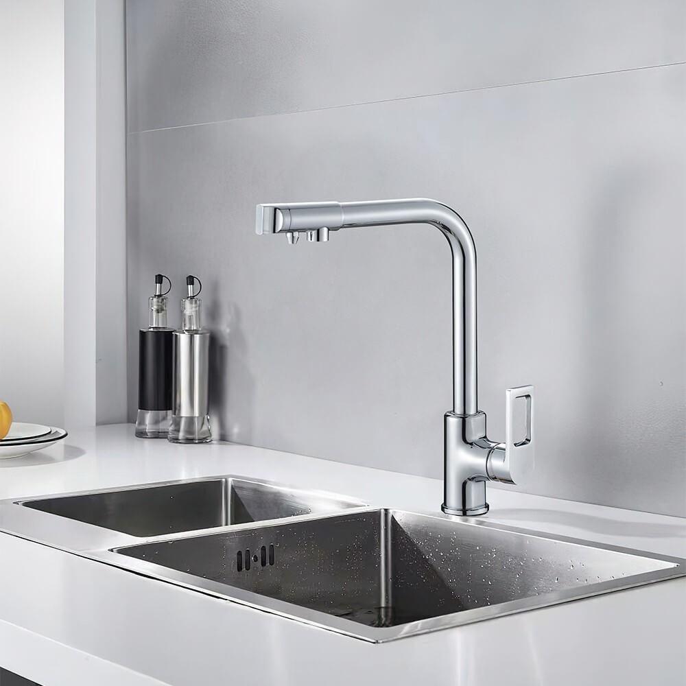 Baterie bucatarie cu 3 cai Premier 3CC TOP, finisaj cromat din inox, pipa pivotanta 360°, comanda dubla si cartus ceramic, pentru apa rece, calda si filtrata