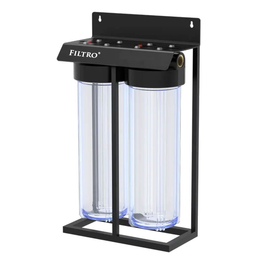 Carcasa filtru dubla transparenta FILTRO BIG CLEAR 20 TWIN, conexiune 1 inch alama, cadru metalic, supapa eliberare presiune, cartus 4.5x20 inch, 2 stadii filtrare