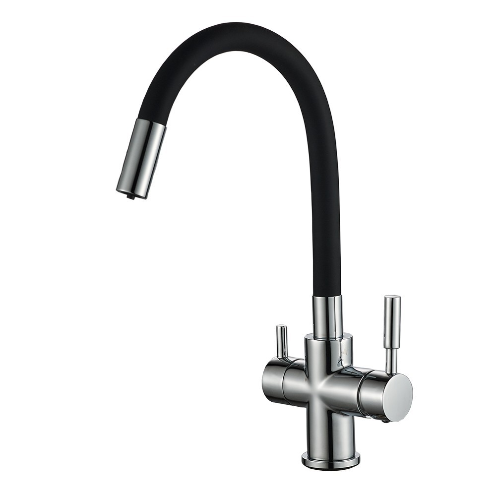 Baterie bucatarie cu 3 cai Premier 3CC FLEX, pipa inalta pivotanta 360°, cartus ceramic, pentru apa rece, calda si filtrata, montare pe blat, presiune 1.5-5 bar