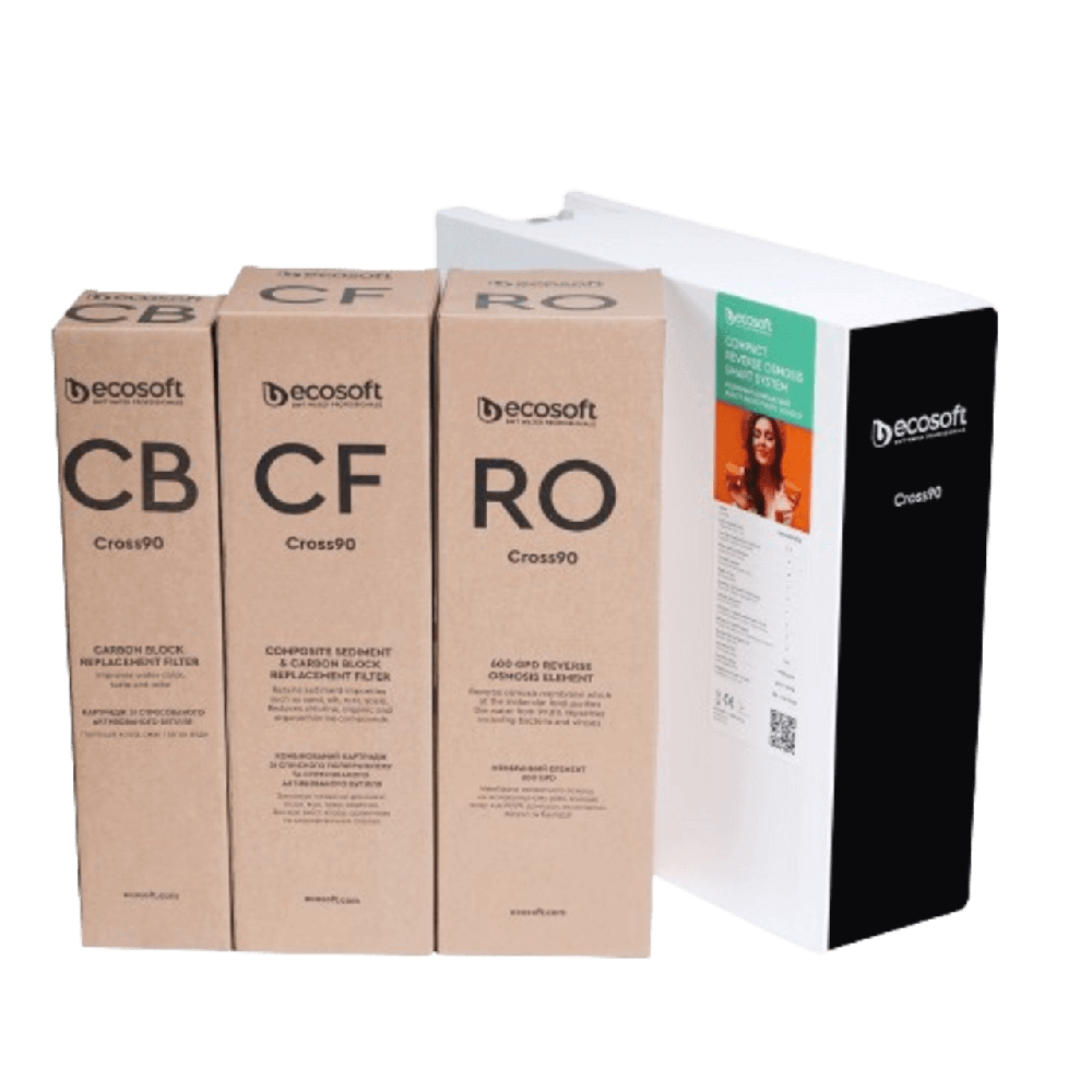 Purificator apa cu osmoza inversa Ecosoft Cross90, membrana 600 GPD, 4 stadii de filtrare, fara bazin cu debit direct 1.5 l/min, pompa booster inclusa si baterie cu indicator schimb consumabile